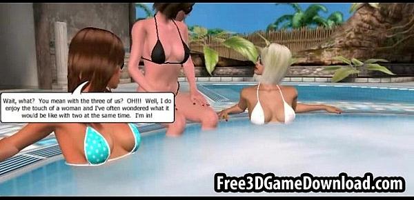  Three beautiful 3d cartoon babes have fun outdoors by the pool